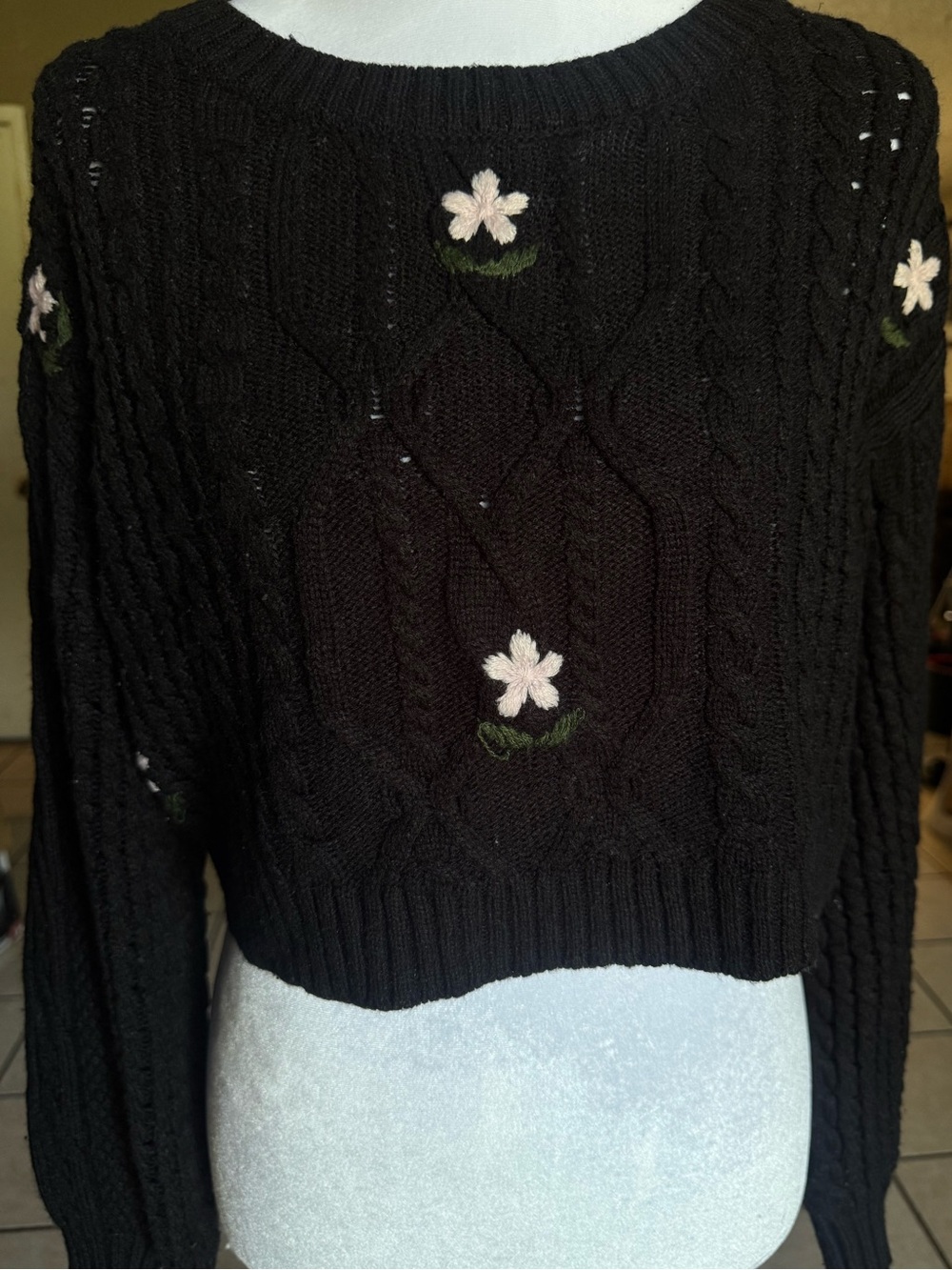 Love Tree Black Cable-Knit Cropped Sweater with Pink Floral Embroidery